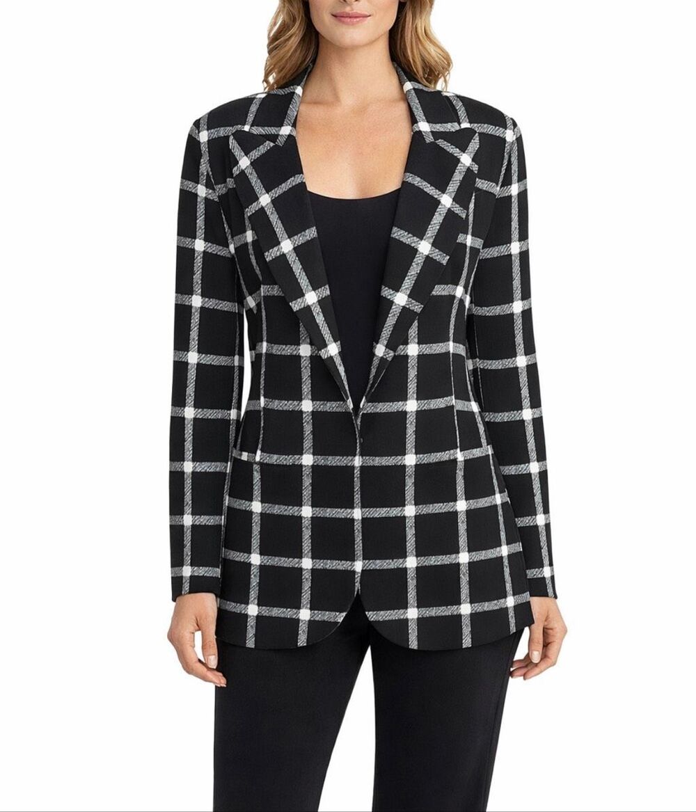 Norma Kamali Neoprene Windowpane Plaid Blazer Black White Size S